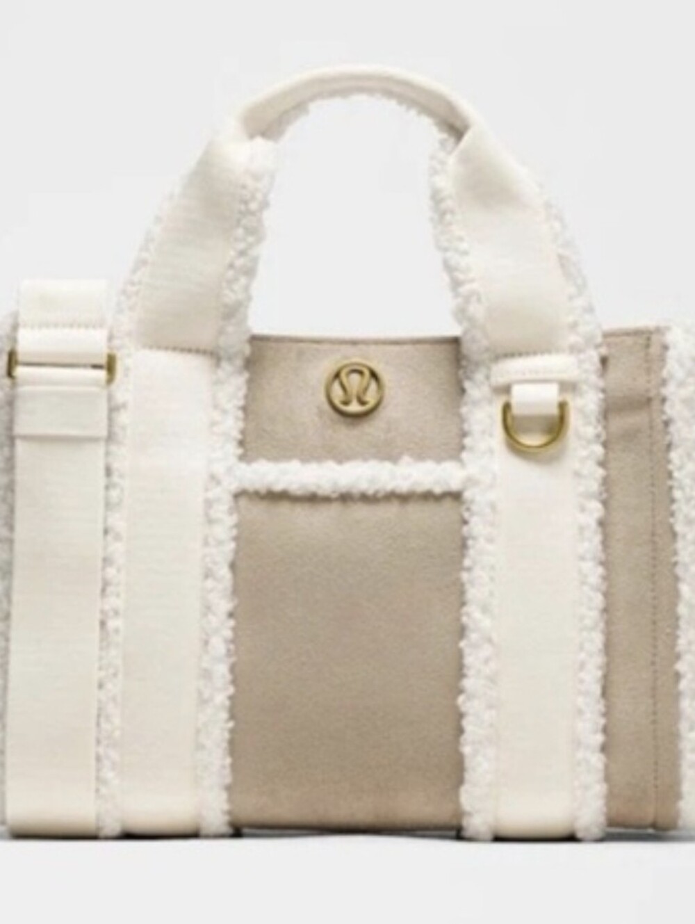 Lululemon Oak Tan and Ivory & Gold Shearling Trim Boxy Tote Bag Mini 4.6L